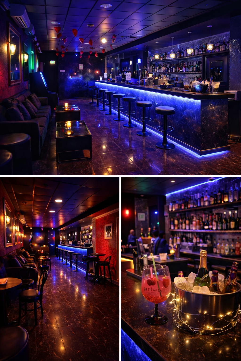 Barra de copas con iluminación elegante en Club Calypso